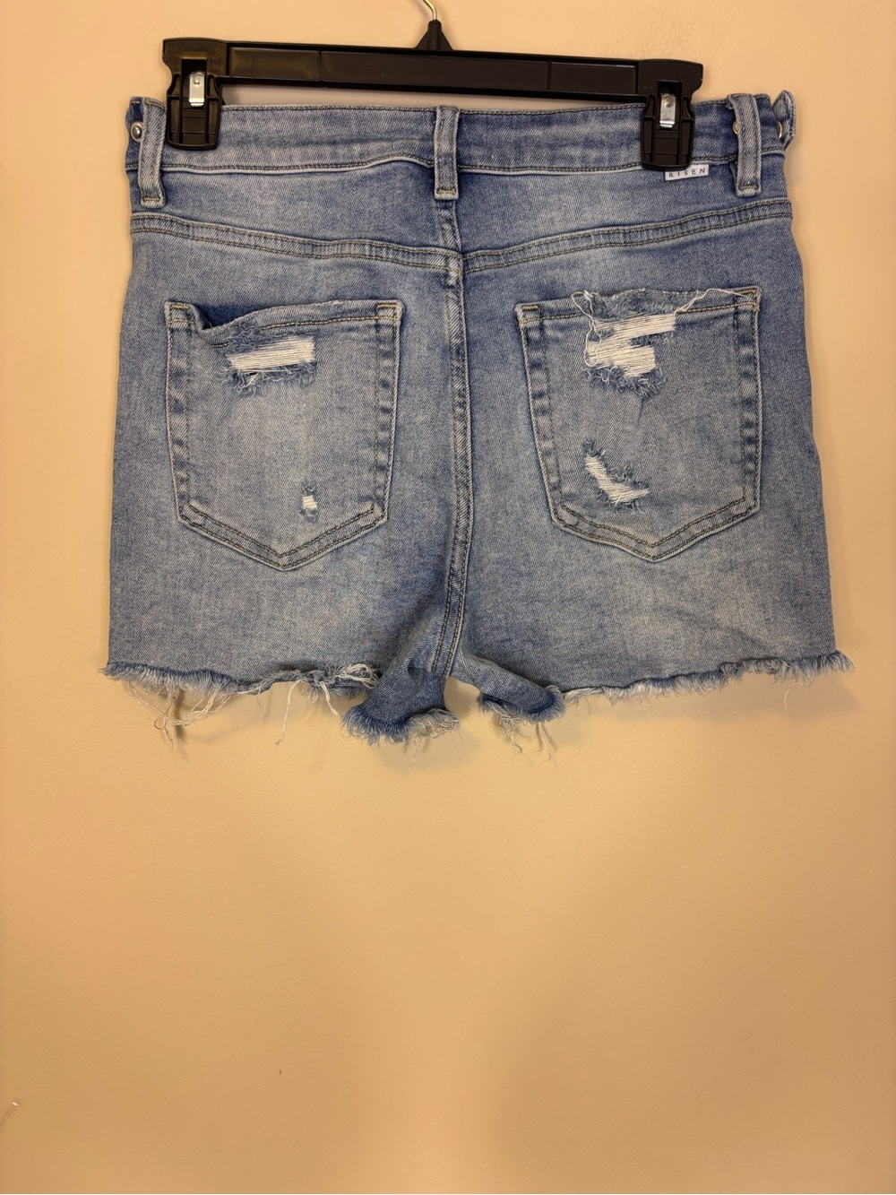 Risen High-Rise Distressed Blue Denim Shorts for Women Medium - Picture 2 of 4